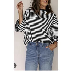 Black Stripe Bowknot Cutout Back Drop Shoulder Wide Bracelet Sleeve Top XL